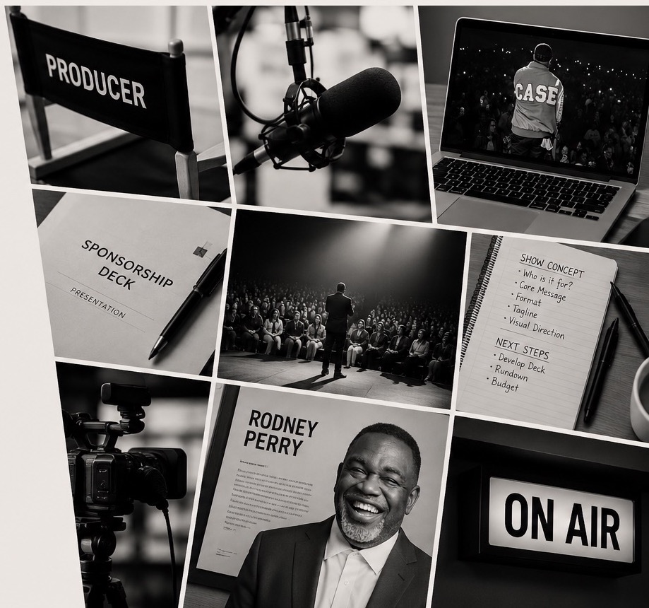 Behind the scenes of Mad Connected productions — producer chair, studio microphone, live audiences, pitch decks, and an On Air sign